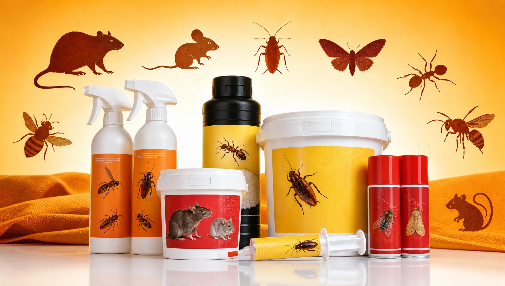Gamme de produits anti-nuisibles : sprays, poudres, gels et fumigènes contre rats, souris, cafards, mites, fourmis, abeilles et frelons